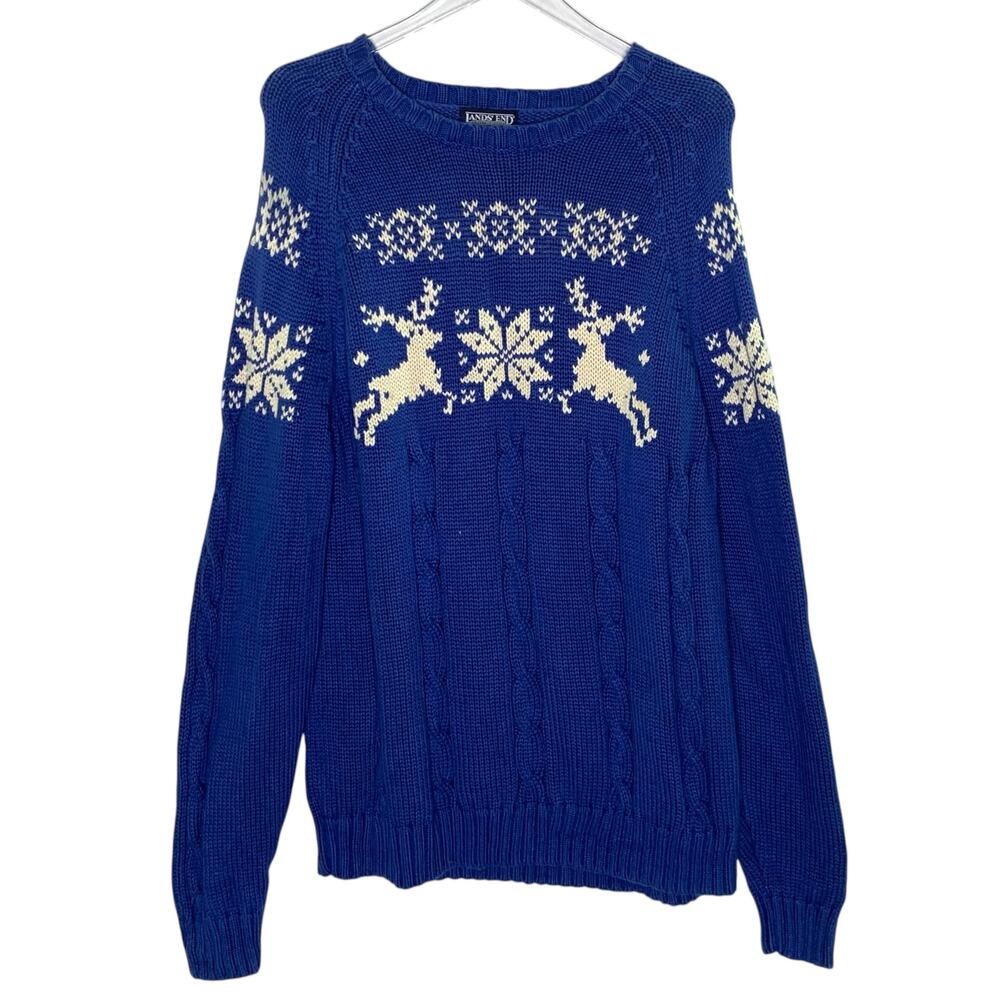 Lands End L Mens Snowflake Moose Chunky Cable Knit Crewneck Sweater Vintage 90s